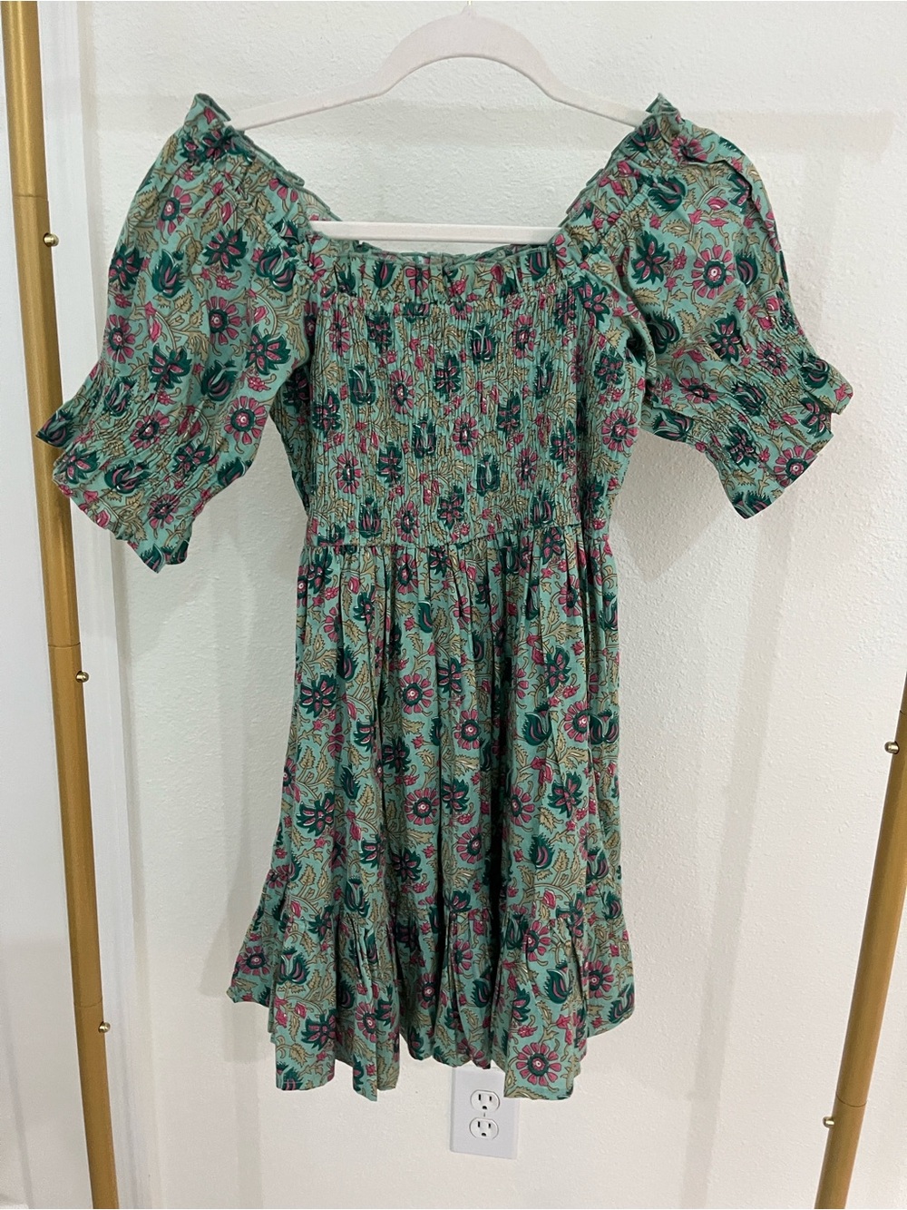 Mille Smocked Puff-Sleeve Mini Dress in Mint Floral